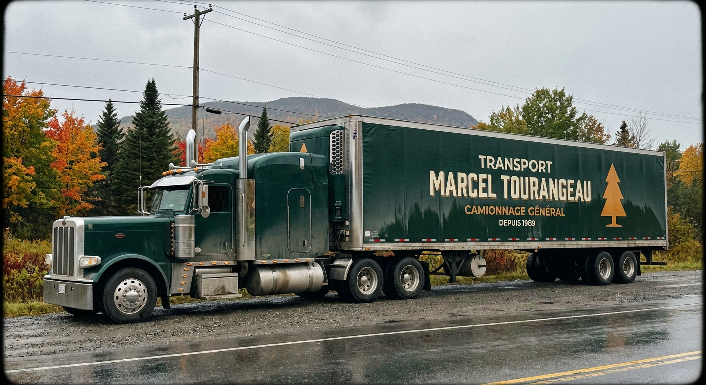 Camion Transport Marcel Tourangeau sur une route des Laurentides